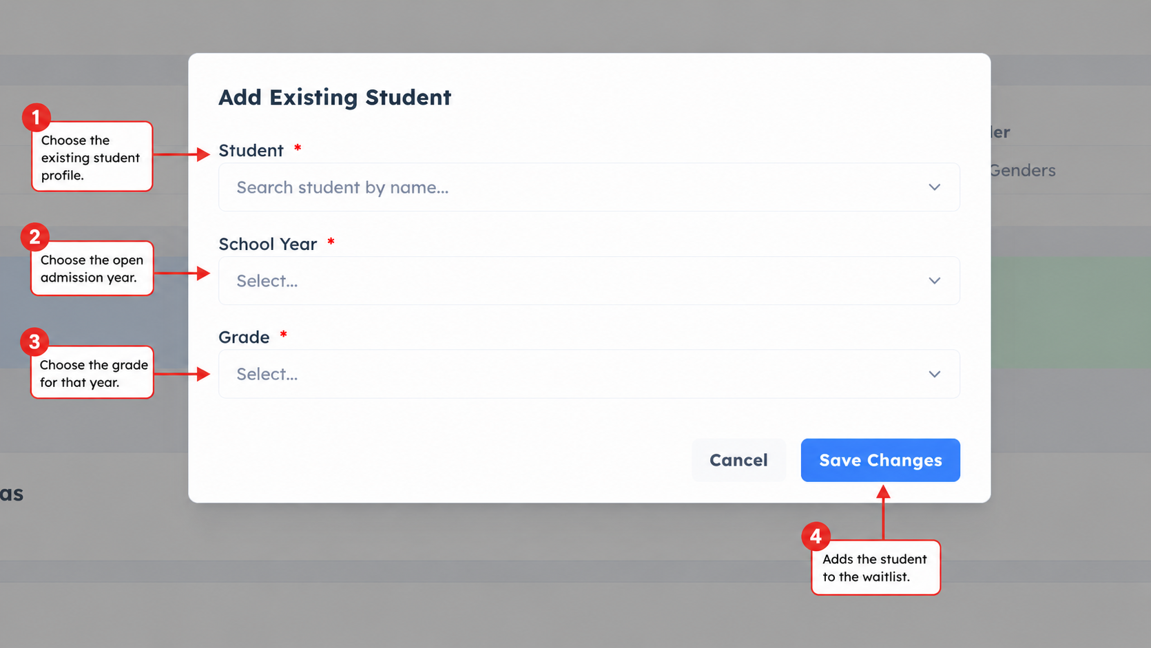 Add Existing Student dialog with Student, School Year, Grade, and Save Changes