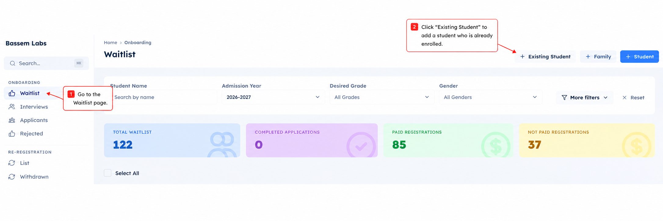 Waitlist page showing the Existing Student button