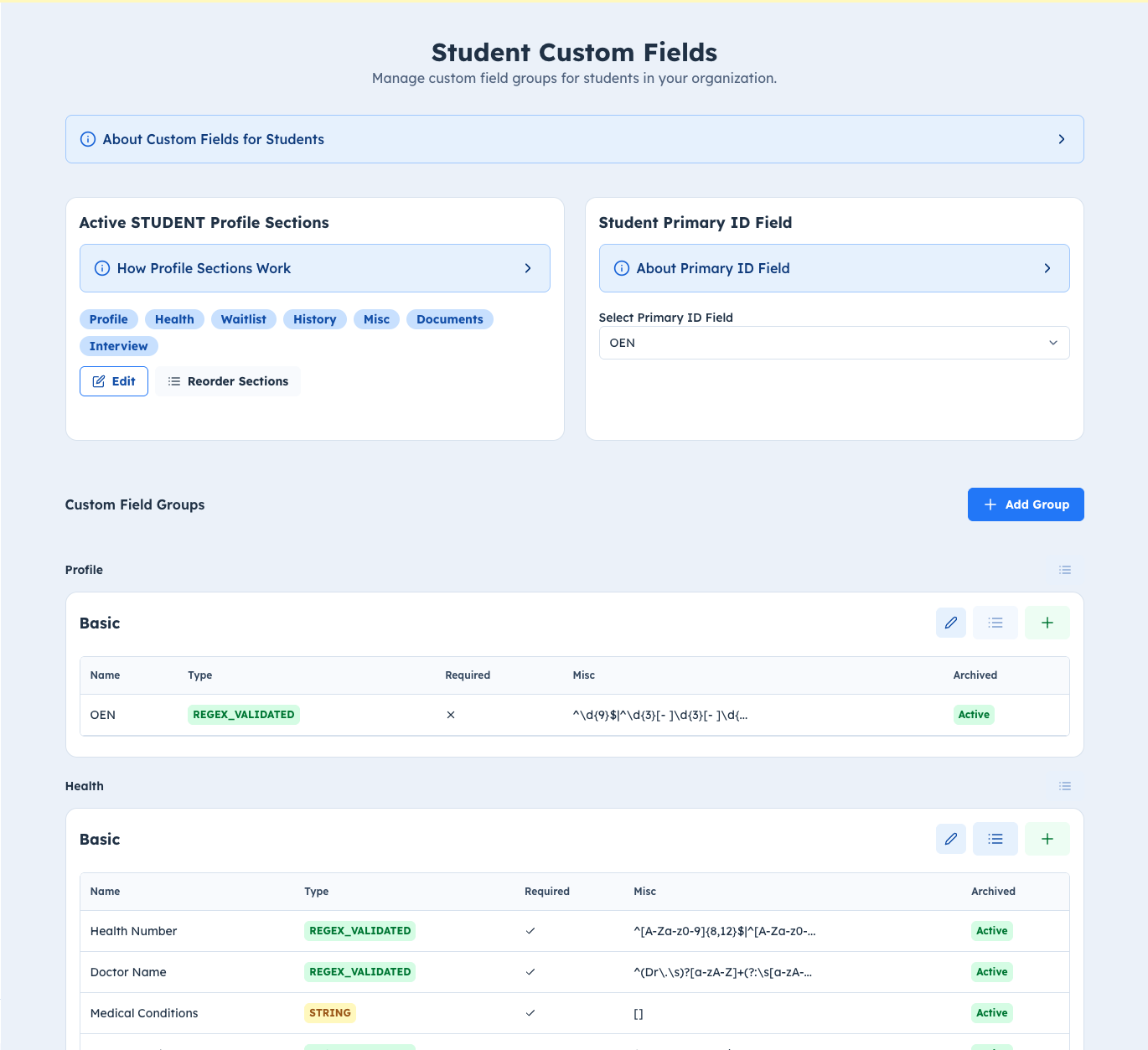 Student custom fields setup with profile sections, primary ID selection, and field groups