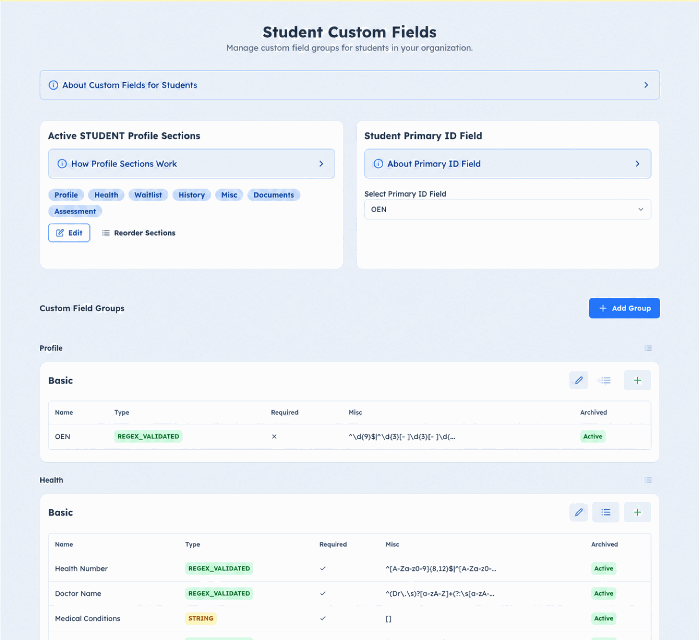Student custom fields setup with profile sections, primary ID selection, and field groups