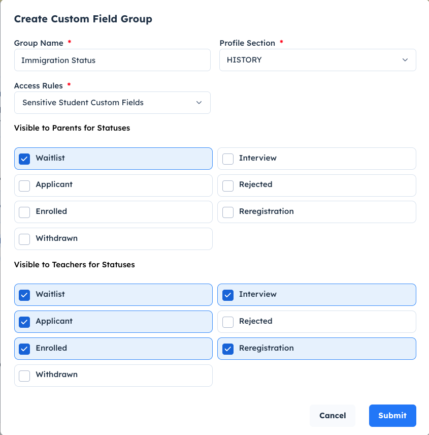 Create custom field group dialog with profile section, access rules, and student status visibility