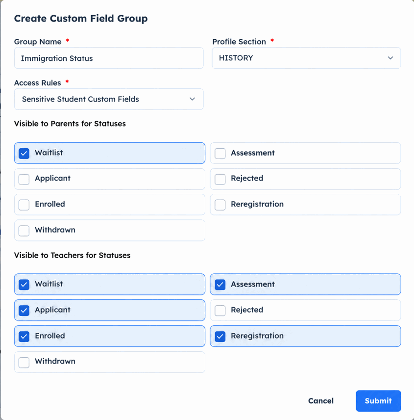 Create custom field group dialog with profile section, access rules, and student status visibility