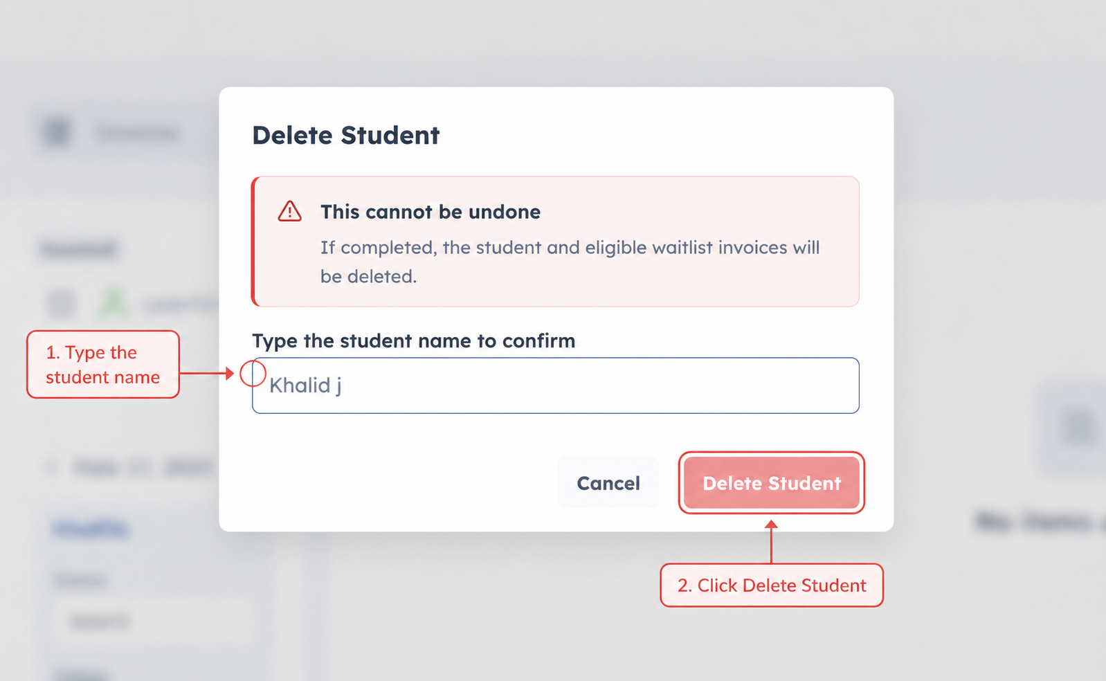 Delete Student confirmation dialog with warning and student-name confirmation