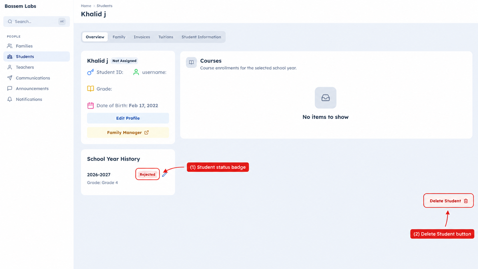 Rejected student profile showing the Delete Student button