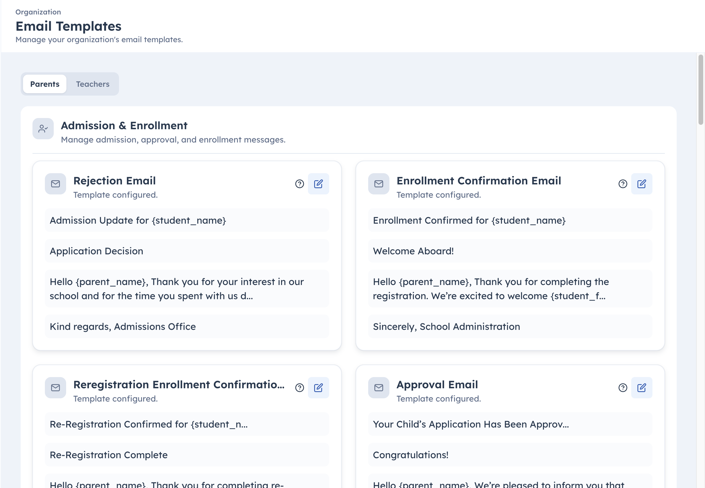 Email Templates page with parent and teacher template groups