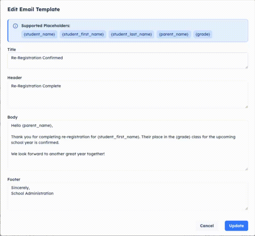 Email template editor showing placeholders inserted into a message