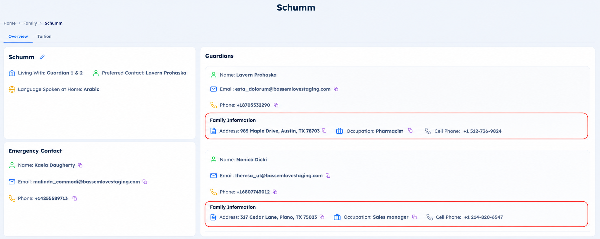 Teacher view of parent custom fields in the student's family page