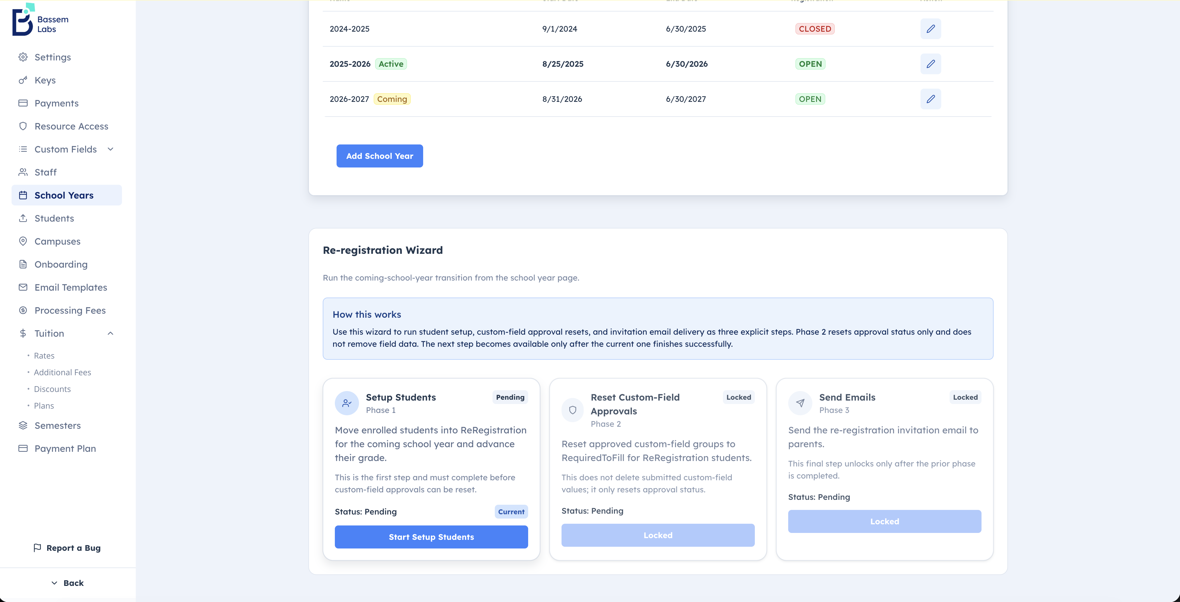 Re-registration wizard with three phases: Setup Students, Reset Custom-Field Approvals, and Send Emails