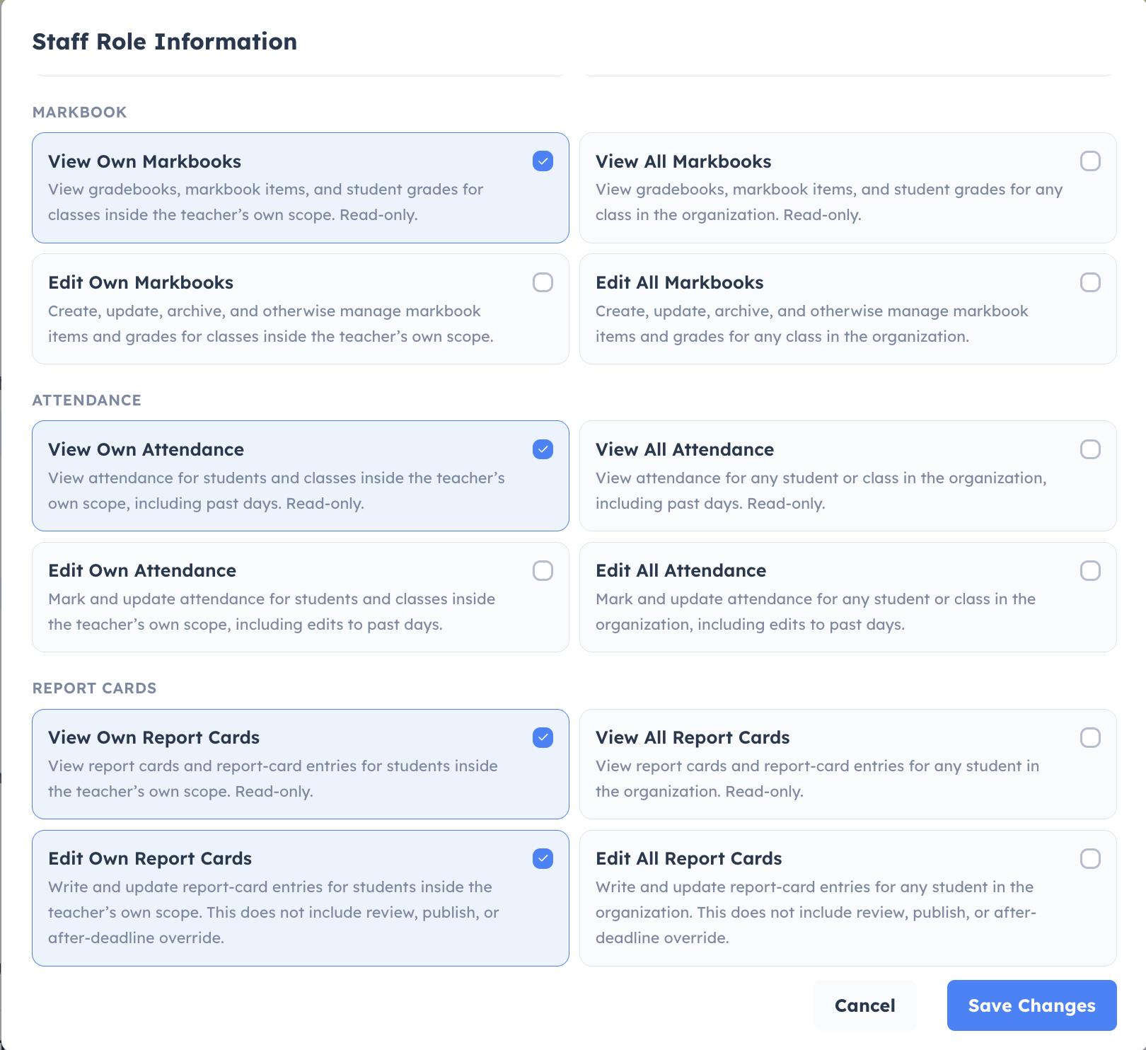 Permission selection inside a role template