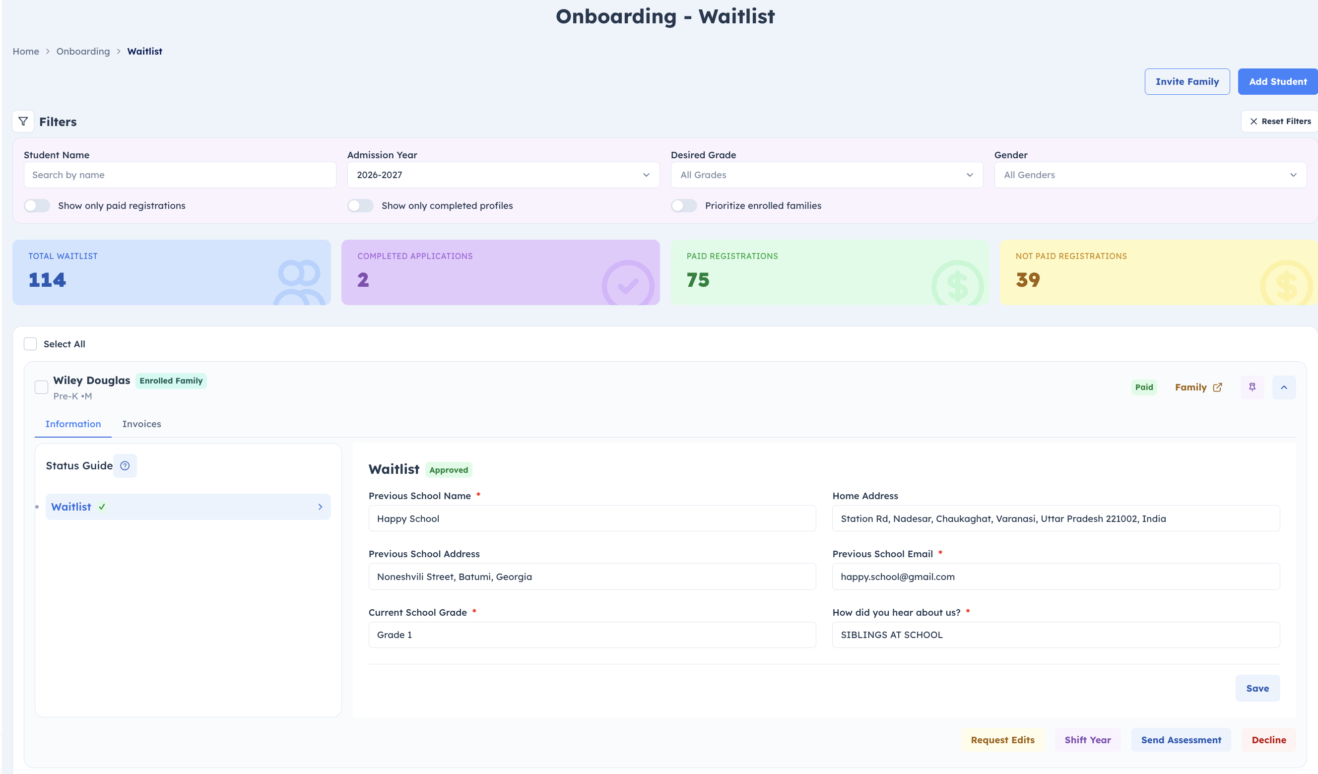 Onboarding student card showing custom fields inside the Information tab