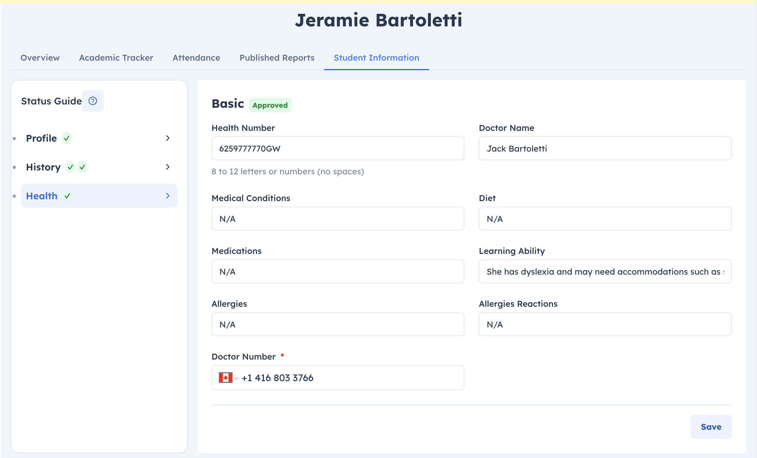 Parent portal student profile showing custom fields in the Student Information tab