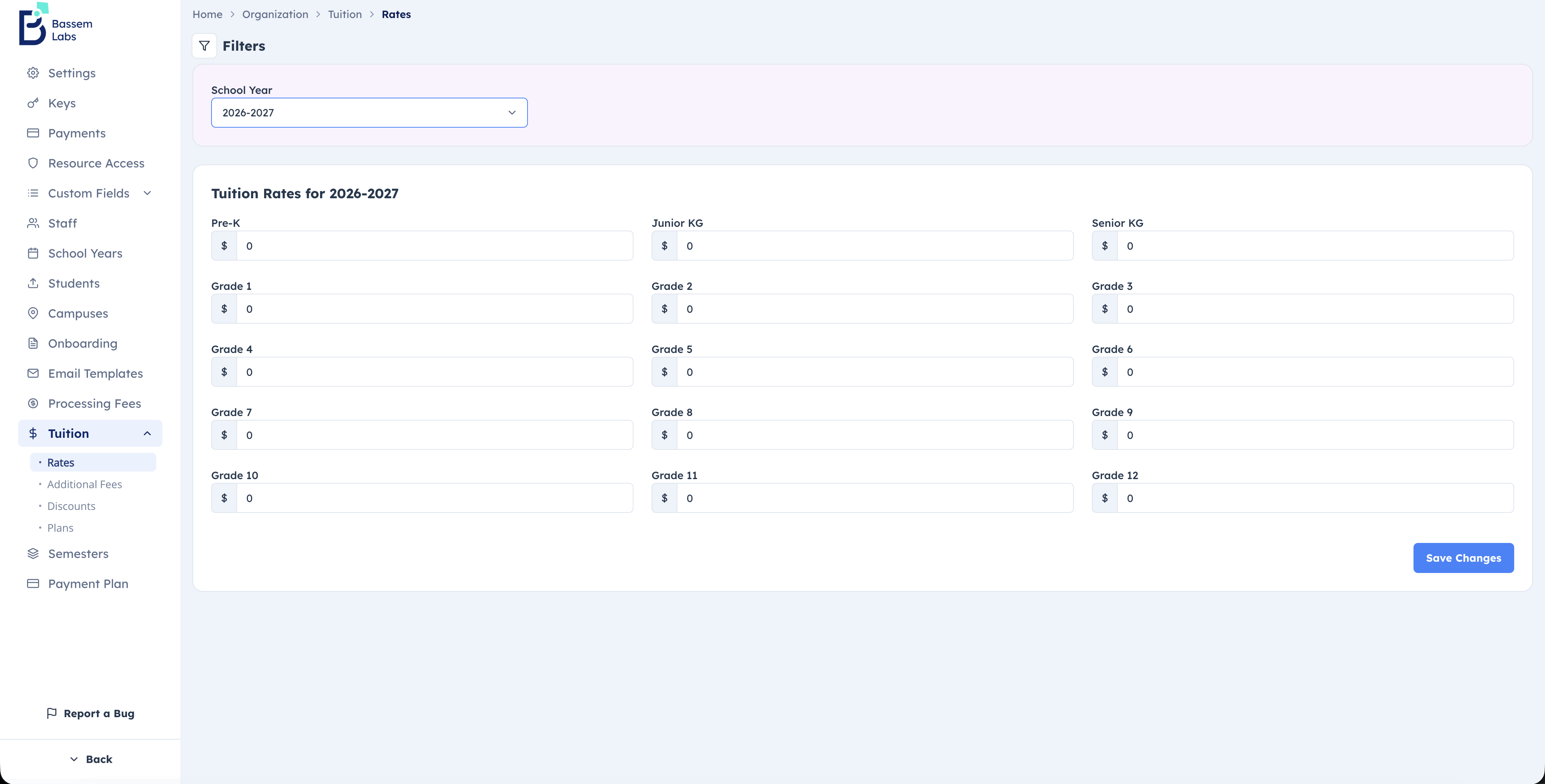 Tuition rates page filtered to the coming school year